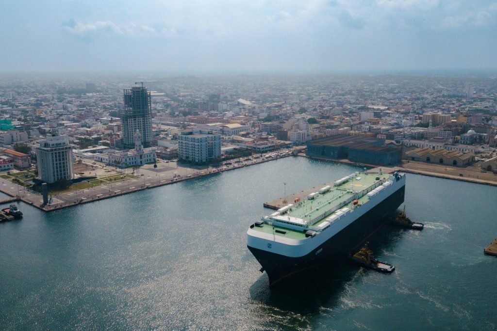 An aerial view of a large ship in the water